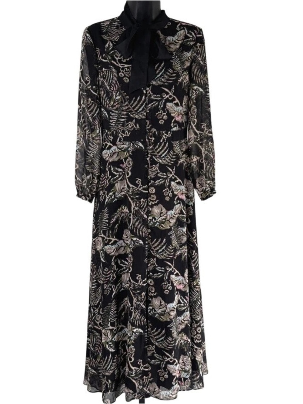 Banana Republic Botanical Leaf Chiffon Maxi Shirtdress 00 Petite Tie Neck Bow